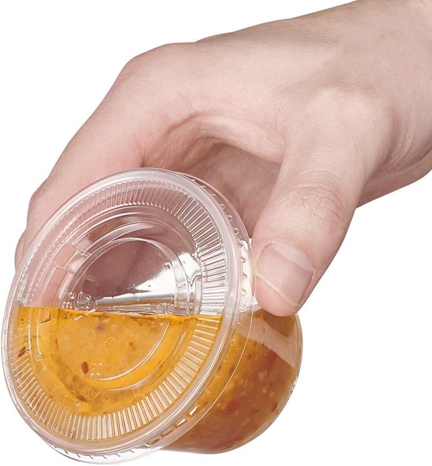 Comfy Package [2 oz. - 100 Count Clear Disposable Plastic Portion Cups with Lids - Soufflé Cups, Jello Shot Cups With Lids, Clear Plastic Containers Perfect for salad Dressing and More