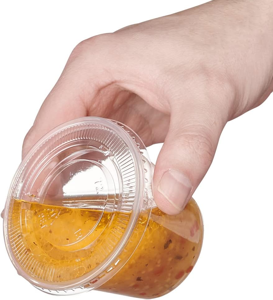 Comfy Package [2 oz. - 100 Count Clear Disposable Plastic Portion Cups with Lids - Soufflé Cups, Jello Shot Cups With Lids, Clear Plastic Containers Perfect for salad Dressing and More