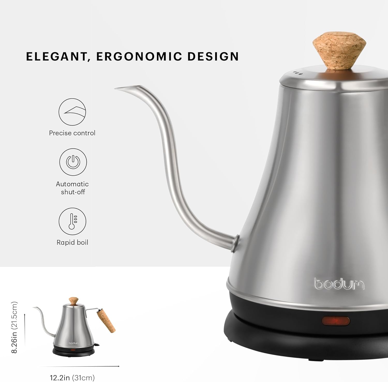 Bodum 27oz Bistro Gooseneck Electric Water Kettle, Pour Over Coffee & Tea, Stainless Steel, Matte Black