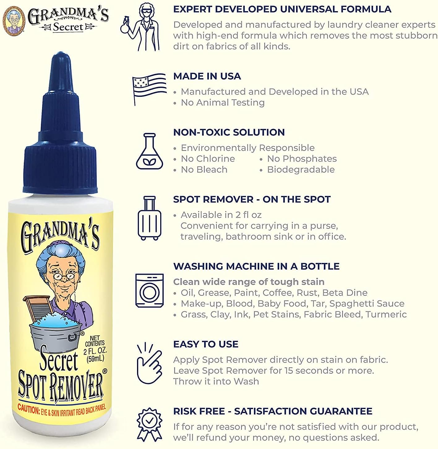 Grandma's Secret Spot Remover Laundry Spray - Chlorine, Bleach and Toxin-Free Fabric Stain Remover for Clothes - Removes Oil, Paint, Blood and Pet Stains - 16 Oz, 2 Pack