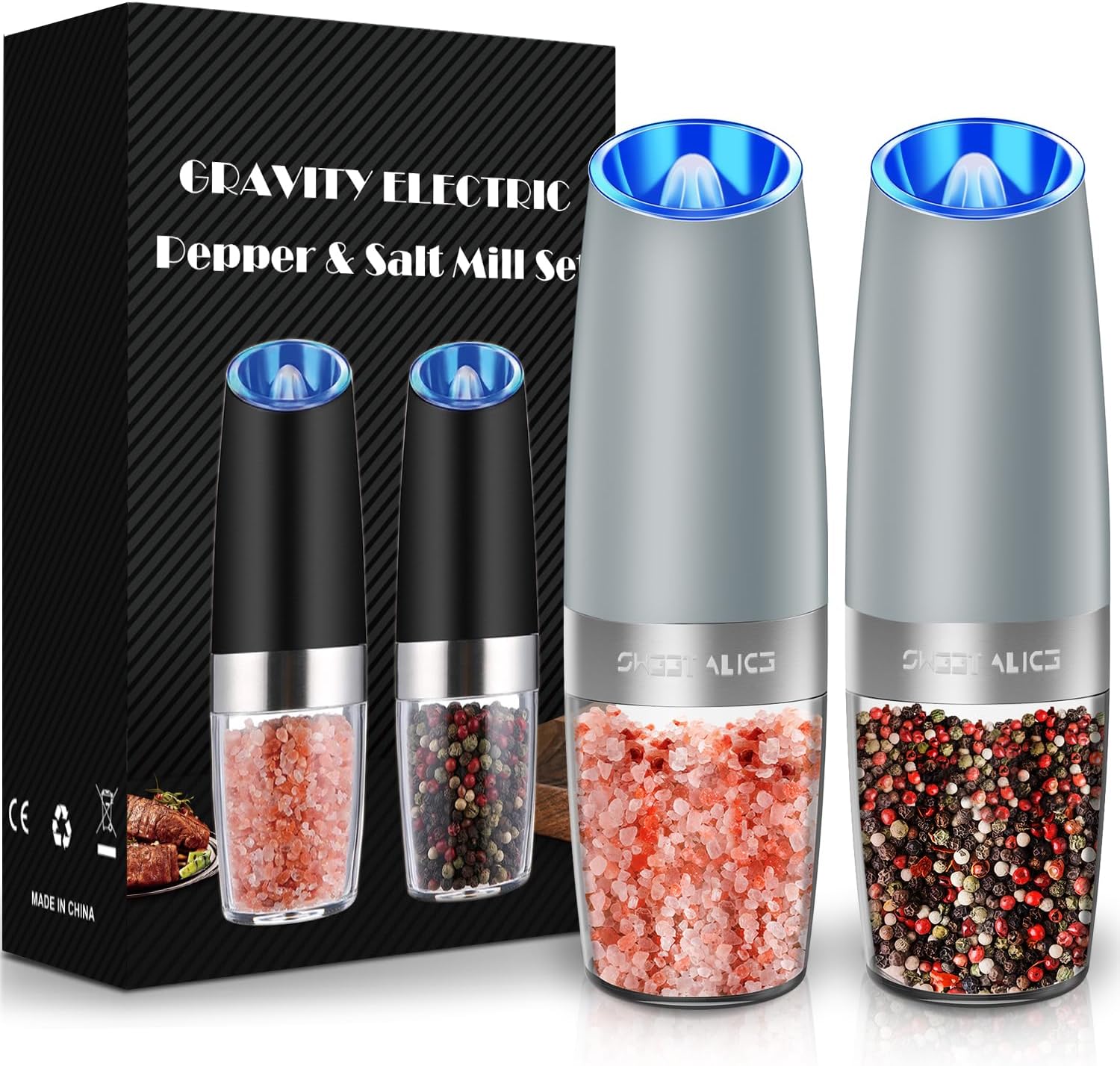 Sweet Alice Gravity Electric Pepper and Salt Grinder Set, Adjustable Coarseness, Battery Powered with LED Light, One Hand Automatic Operation, Stainless Steel Black, 2 Pack