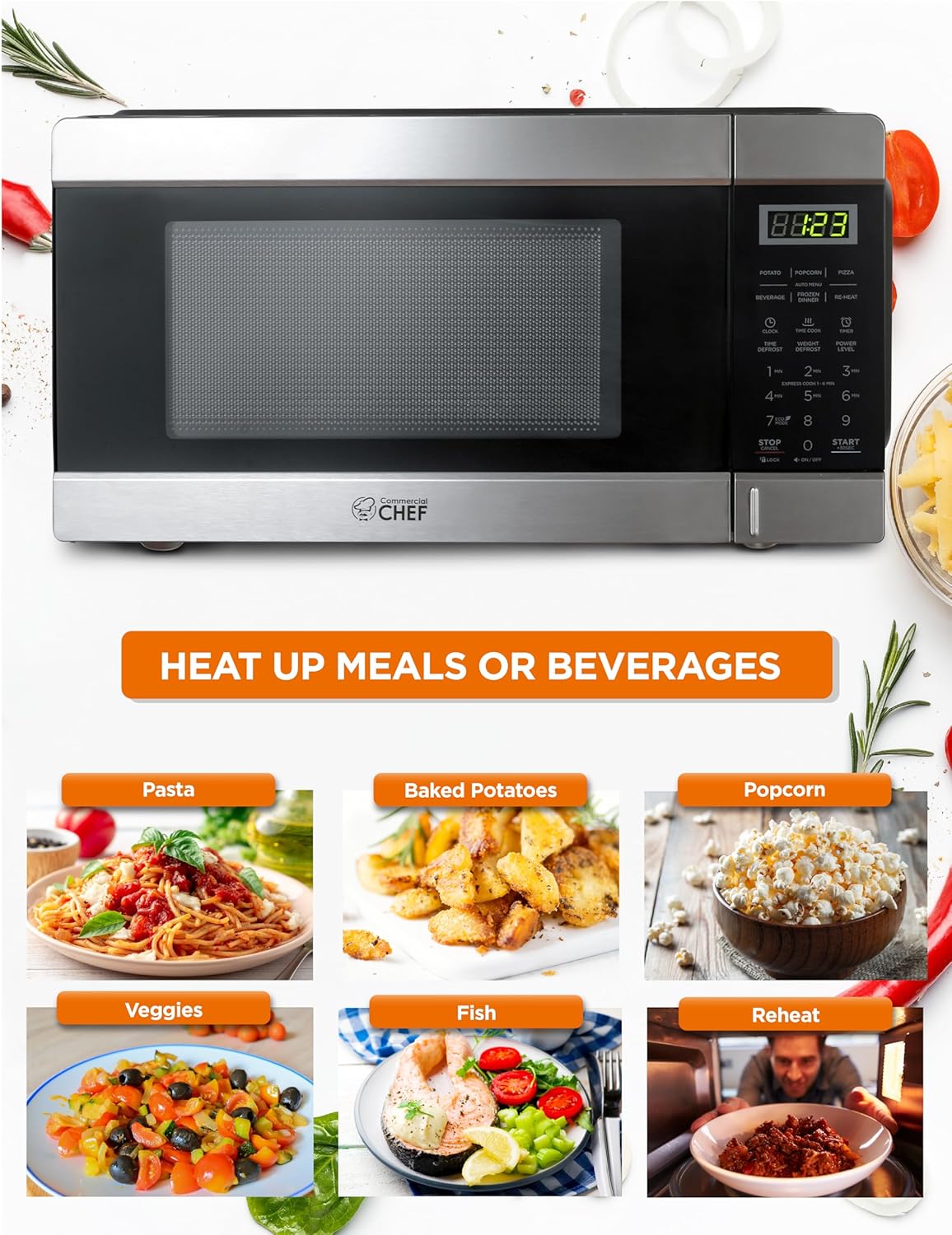 COMMERCIAL CHEF 0.6 Cubic Foot Microwave with 6 Power Levels, Small Microwave with Grip Handle, 700W Countertop Microwave with 30 Minute Timer and Mechanical Dial Controls, White