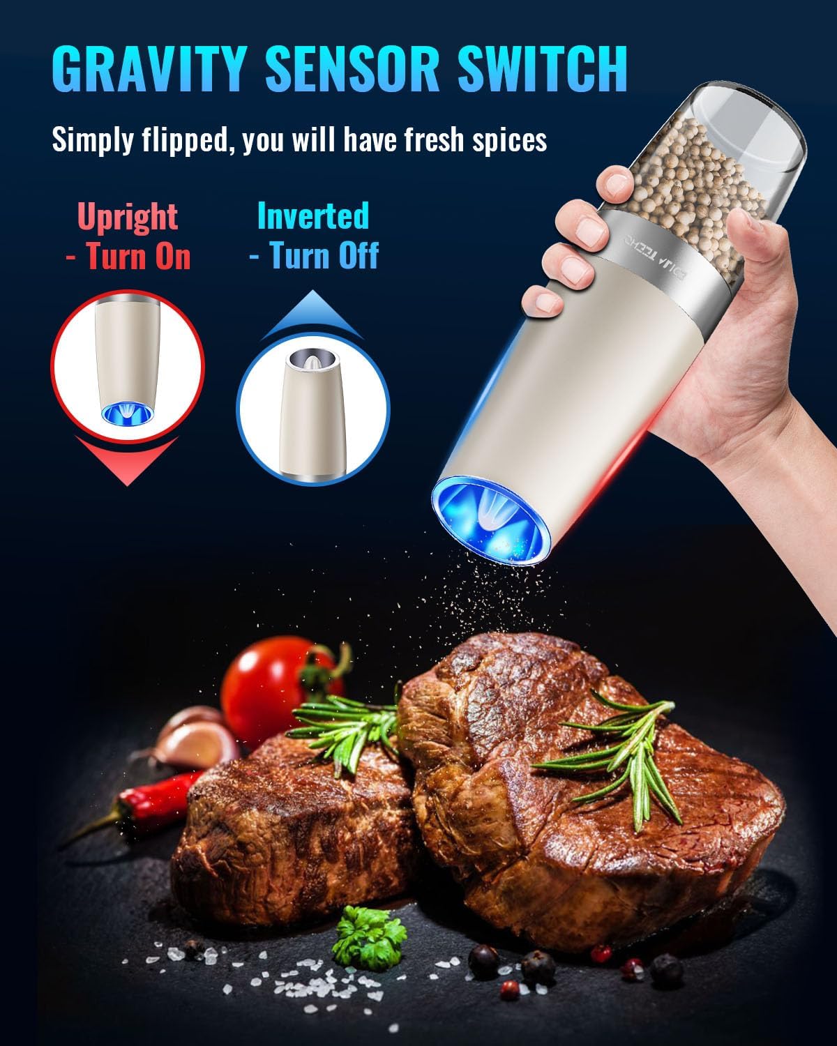 Sweet Alice Gravity Electric Pepper and Salt Grinder Set, Adjustable Coarseness, Battery Powered with LED Light, One Hand Automatic Operation, Stainless Steel Black, 2 Pack