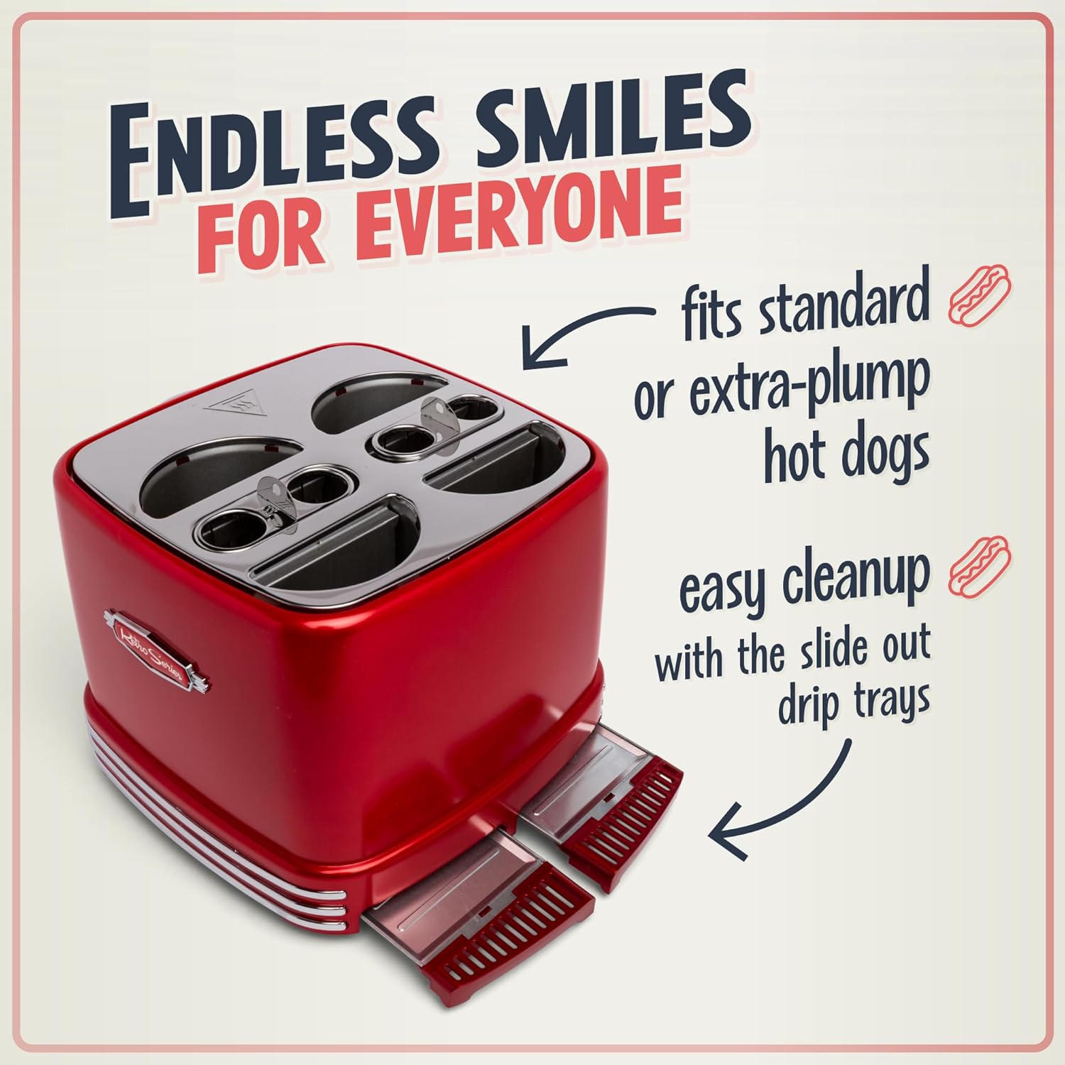 Nostalgia 2 Slot Hot Dog and Bun Toaster with Mini Tongs, Retro Toaster, Cooker that Works Chicken, Turkey, Veggie Links, Sausages Brats, Metallic Red
