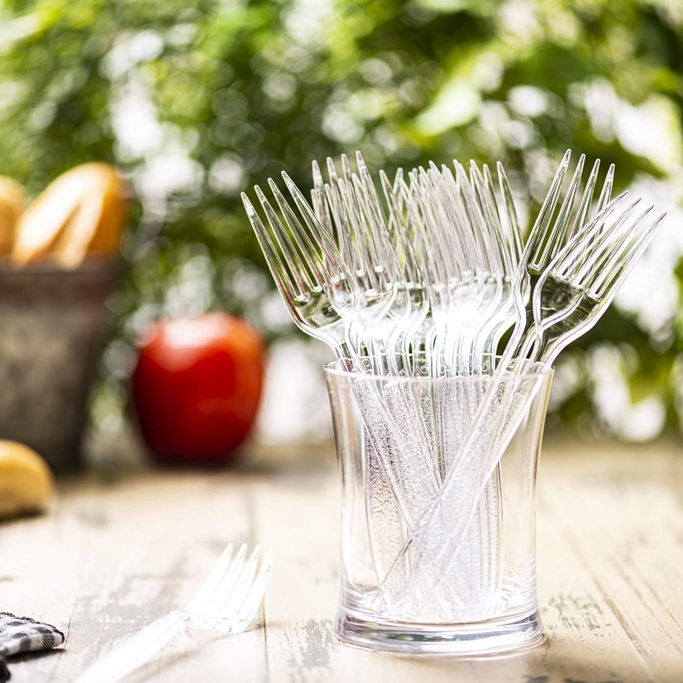 Comfy Package [100 Pack Clear Plastic Knives Heavy Duty with Engraved Design - Plastic Knives Disposable, Sturdy Plastic Silverware for Parties, Weddings, and Events