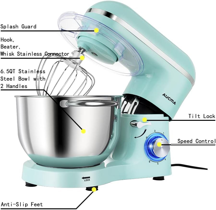 Aucma Stand Mixer,6.5-QT 660W 6-Speed Tilt-Head Food Mixer, Kitchen Electric Mixer with Dough Hook, Wire Whip & Beater (6.5QT, Black)