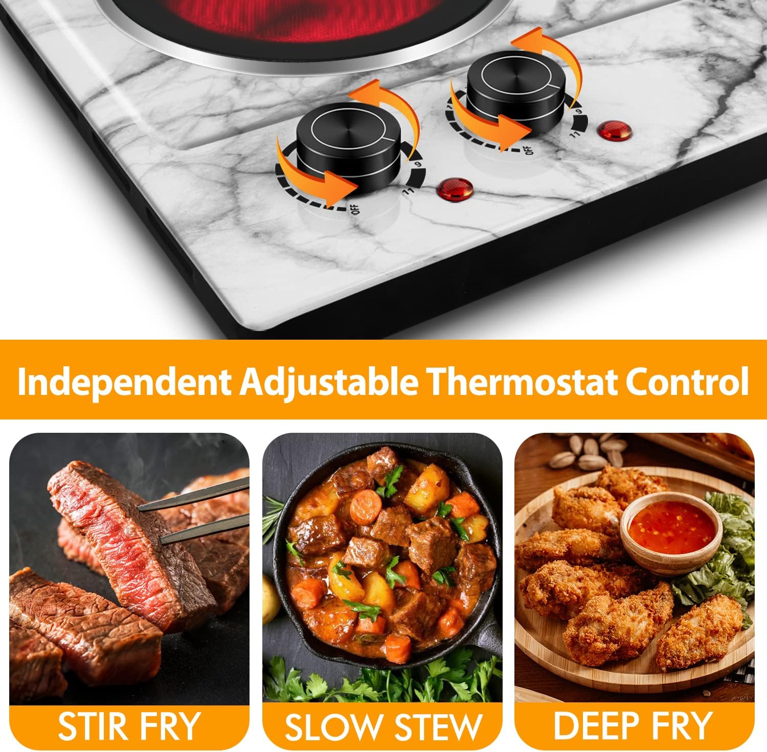 CUSIMAX 1800W Ceramic Electric Hot Plate for Cooking, Dual Control Infrared Cooktop, Double Burner, Portable Countertop Burner, Glass Plate Electric Cooktop, Silver, Stainless Steel-Upgraded Version