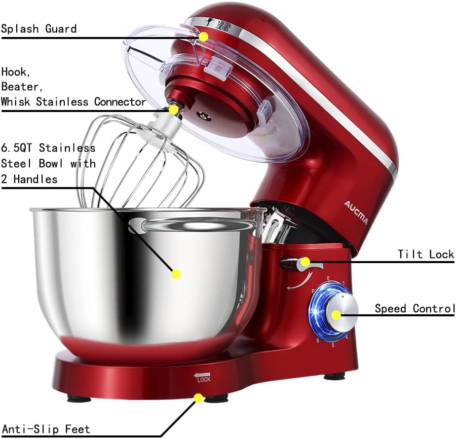 Aucma Stand Mixer,6.5-QT 660W 6-Speed Tilt-Head Food Mixer, Kitchen Electric Mixer with Dough Hook, Wire Whip & Beater (6.5QT, Black)
