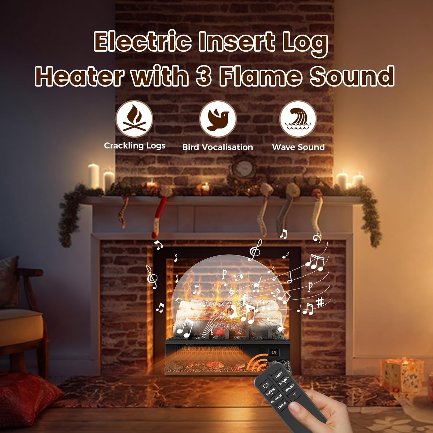 21 Inches Electric Fireplace Insert Log Heater Set, Freestanding Heater with Adjustable Flame Brightness and Flicker Speed, 750w/1500w Heating, Overheat Protection, Remote Control
