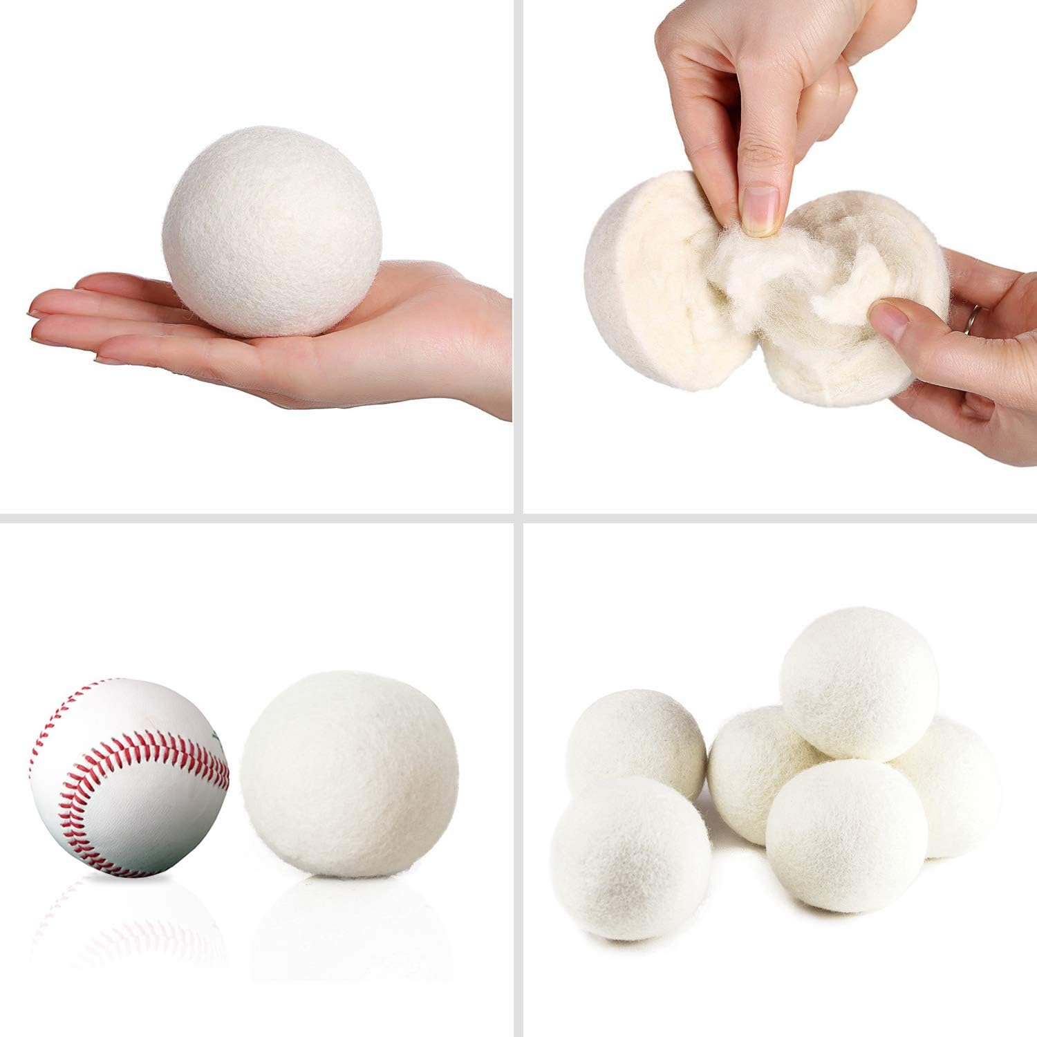 SnugPad Wool Dryer Balls XL Size 6 Pack, Natural Fabric Softener 100% Organic Premium New Zealand Wool, No Fillers, Anti Static, Lint Free, White 6 Count