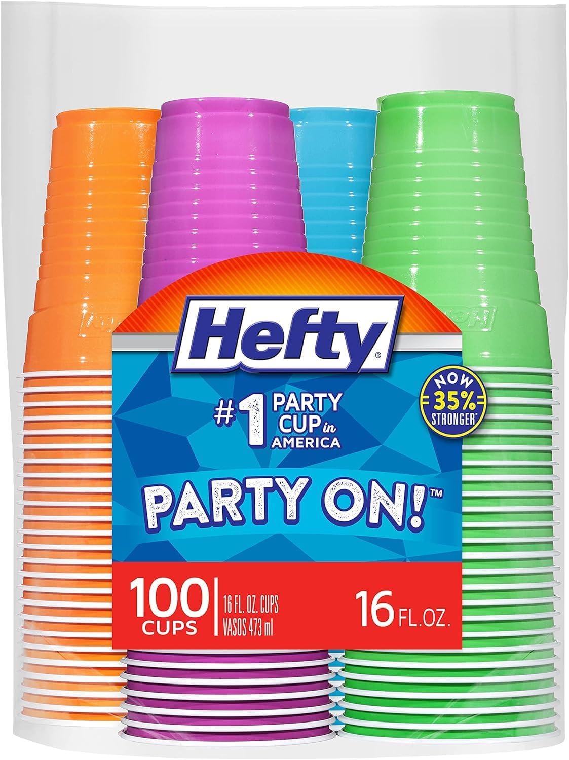 Hefty Party On Disposable Plastic Cups, Assorted, 16 Ounce, 100 Count