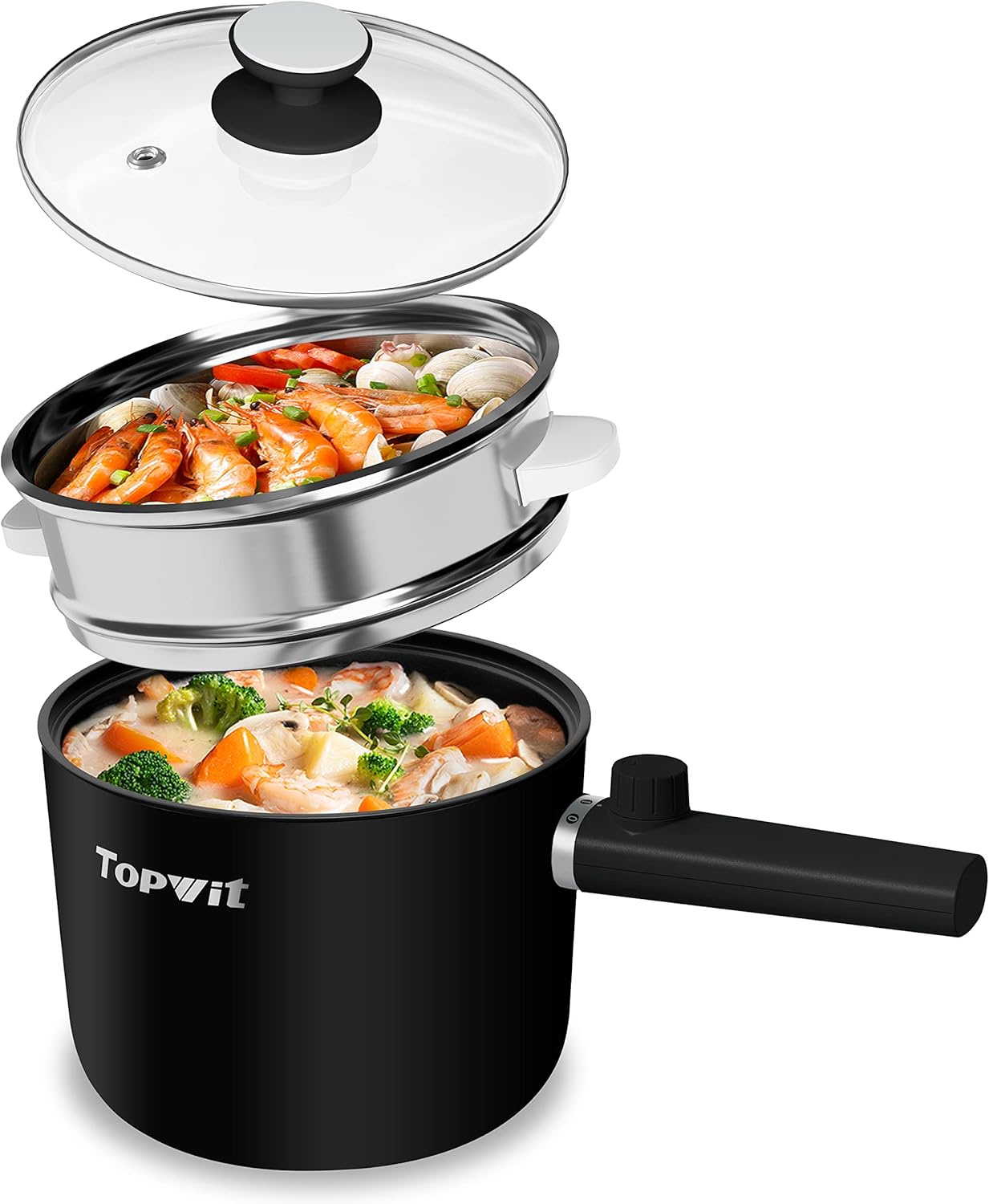 Topwit Hot Pot Electric, 1.5L Ramen Cooker, Portable Non-Stick Frying Pan, Electric Pot for Pasta, Steak, BPA Free, Electric Cooker with Dual Power Control, Over-Heating & Boil Dry Protection, Black