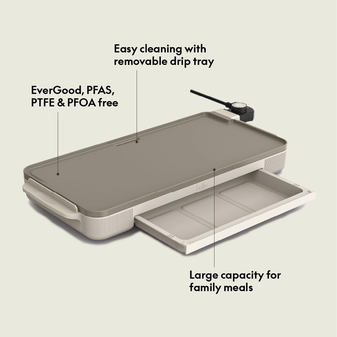 BELLA Electric Ceramic Titanium Griddle, Make 10 Eggs At Once, Healthy-Eco Non-stick Coating, Hassle-Free Clean Up, Large Submersible Cooking Surface, 10.5