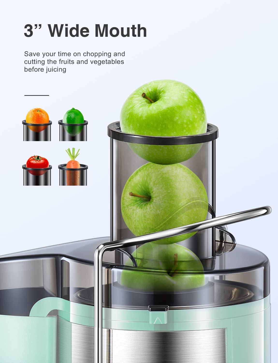Qcen Juicer Machine, 800W Centrifugal Juicer Extractor with Wide Mouth 3” Feed Chute for Fruit Vegetable, Easy to Clean, Stainless Steel, BPA-free (Black)