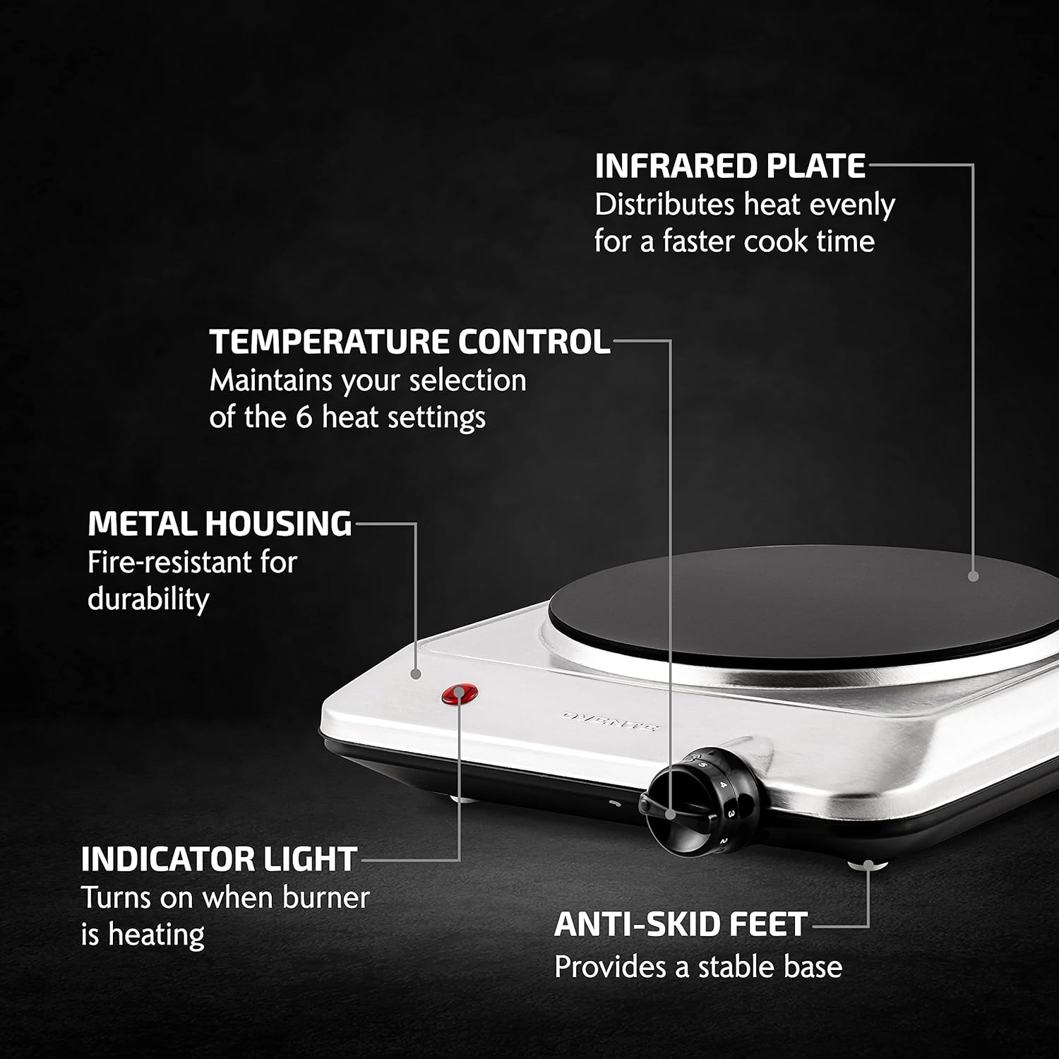 OVENTE Countertop Infrared Single Burner, 1000W Electric Hot Plate with 7” Ceramic Glass Cooktop, 5 Level Temperature Setting & Easy to Clean Base, Compact Stove for Home Dorm Office, Silver BGI101S