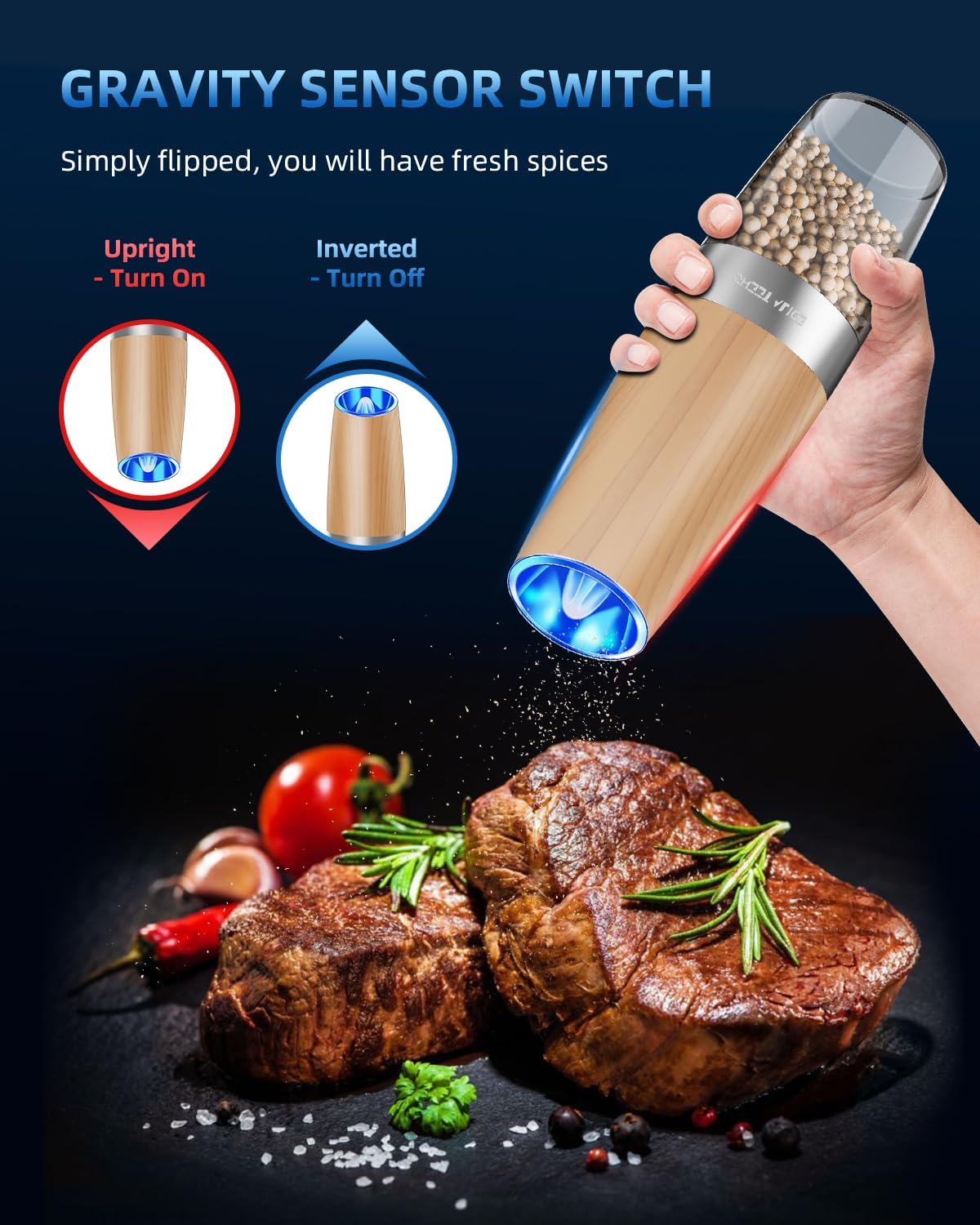 Sweet Alice Gravity Electric Pepper and Salt Grinder Set, Adjustable Coarseness, Battery Powered with LED Light, One Hand Automatic Operation, Stainless Steel Black, 2 Pack