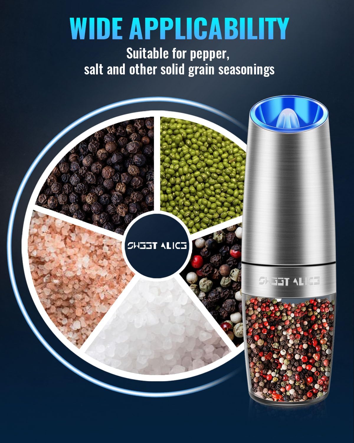 Sweet Alice Gravity Electric Pepper and Salt Grinder Set, Adjustable Coarseness, Battery Powered with LED Light, One Hand Automatic Operation, Stainless Steel Black, 2 Pack
