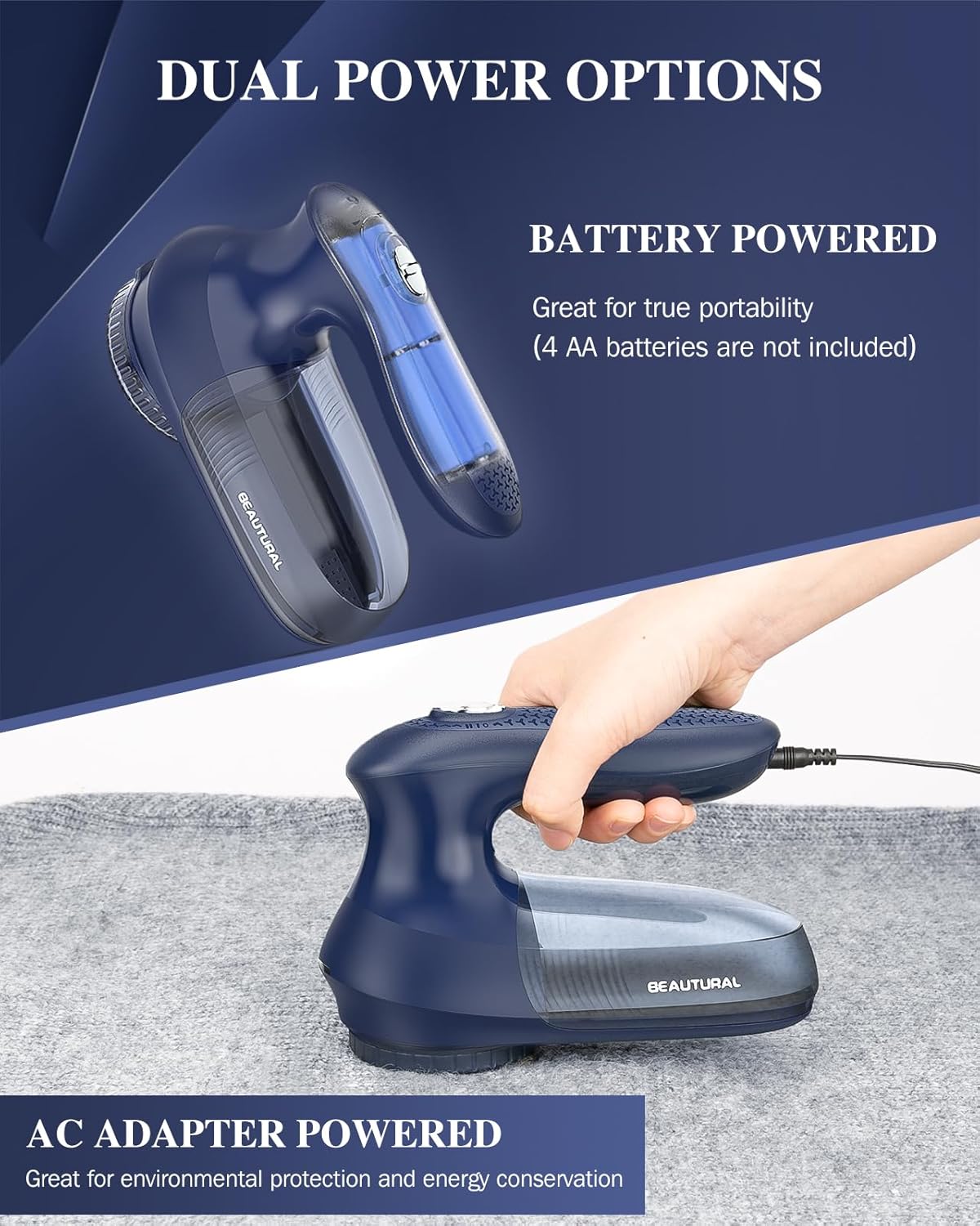 BEAUTURAL Fabric Shaver and Lint Remover, Sweater Defuzzer with 2-Speeds, 2 Replaceable Stainless Steel Blades, Battery Operated, Remove Clothes Fuzz, Lint Balls, Pills, Bobbles
