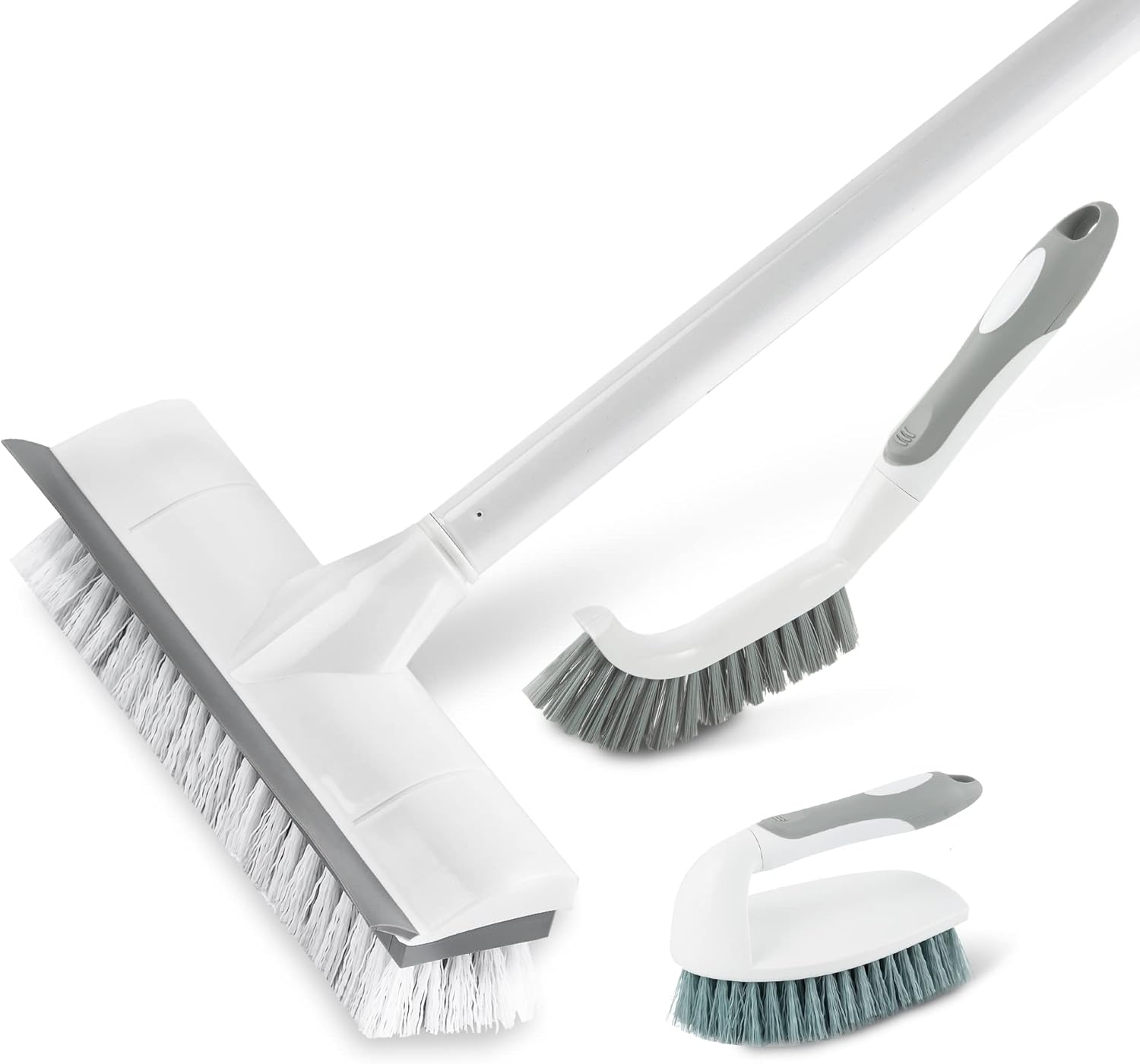 BOOMJOY Floor Scrub Brush with Long Handle, 2 in 1 Scrape and Brush, Stiff Bristles Floor Scrubber, Deck Brush for Cleaning Bathroom, Patio, Garage, Kitchen, Bath, Tile