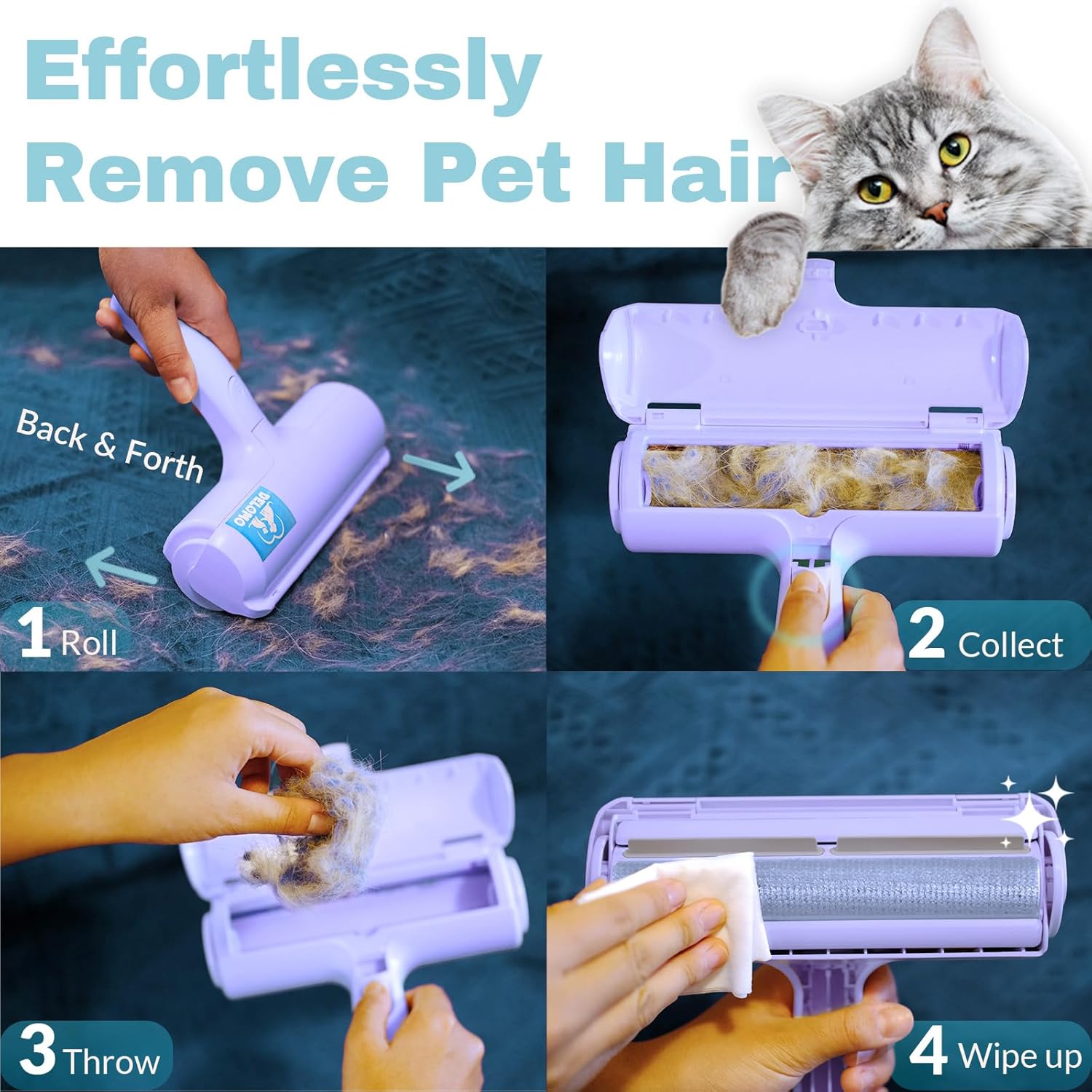 DELOMO Pet Hair Remover - Lint Roller for Pet Hair - Cat and Dog Hair Remover for Couch, Furniture, Carpet, Car Seat, Reusable Roller W/Self-Cleaning Base - Upgraded Animal Fur Removal Tool