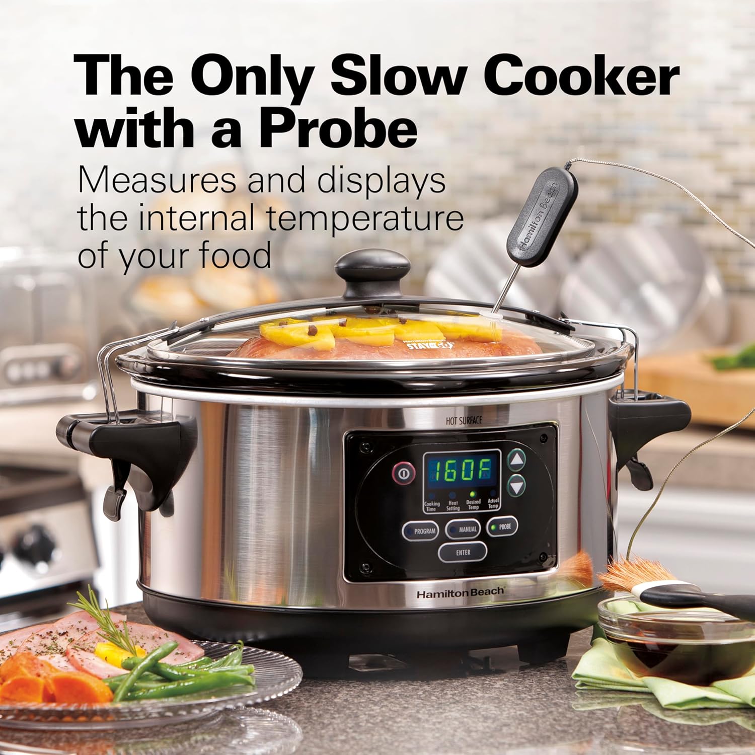 Hamilton Beach Portable 6 Quart Set & Forget Digital Programmable Slow Cooker with Lid Lock, Temperature Probe, Dishwasher Safe Crock & Lid, Black Stainless (33866)