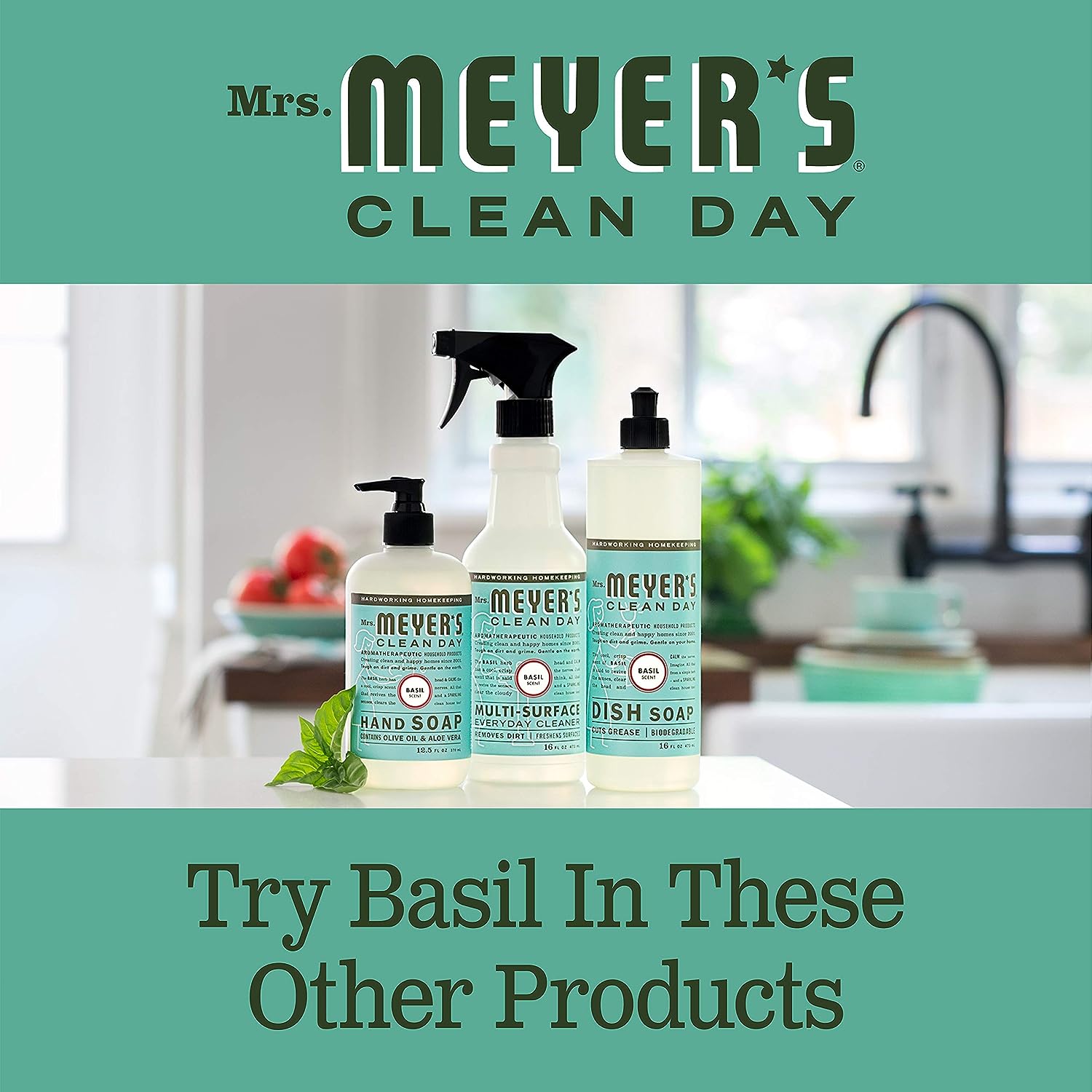 Mrs. Meyer's Liquid Dish Soap, Biodegradable Formula, Basil, 16 fl. oz - Pack of 3
