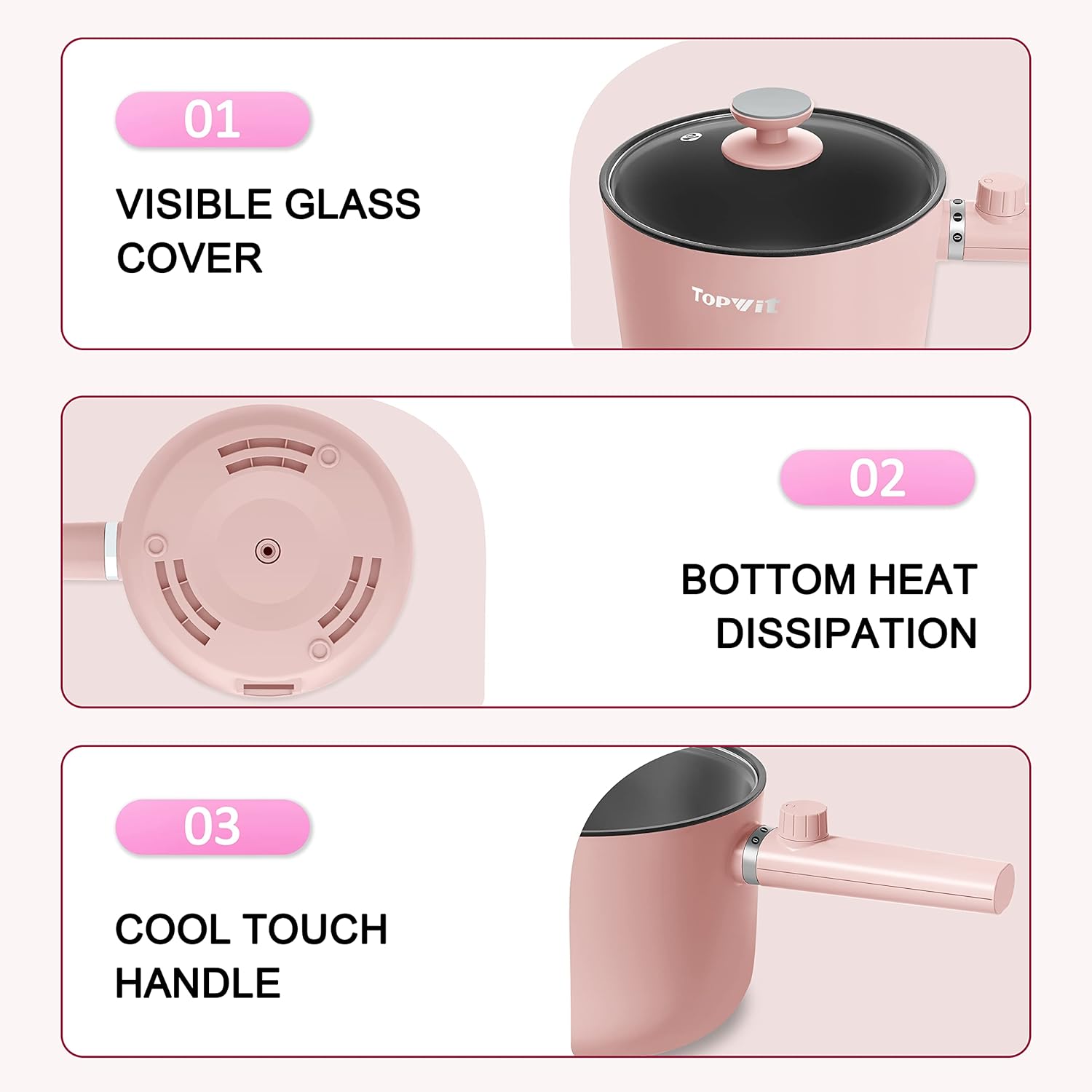 Topwit Hot Pot Electric, 1.5L Ramen Cooker, Portable Non-Stick Frying Pan, Electric Pot for Pasta, Steak, BPA Free, Electric Cooker with Dual Power Control, Over-Heating & Boil Dry Protection, Black