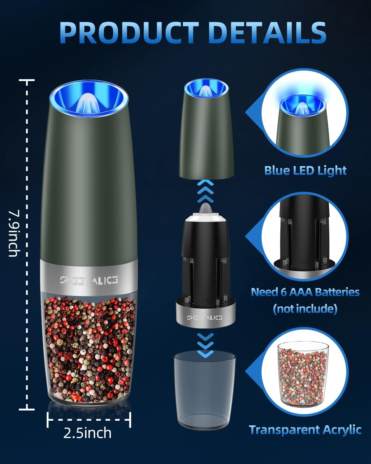 Sweet Alice Gravity Electric Pepper and Salt Grinder Set, Adjustable Coarseness, Battery Powered with LED Light, One Hand Automatic Operation, Stainless Steel Black, 2 Pack