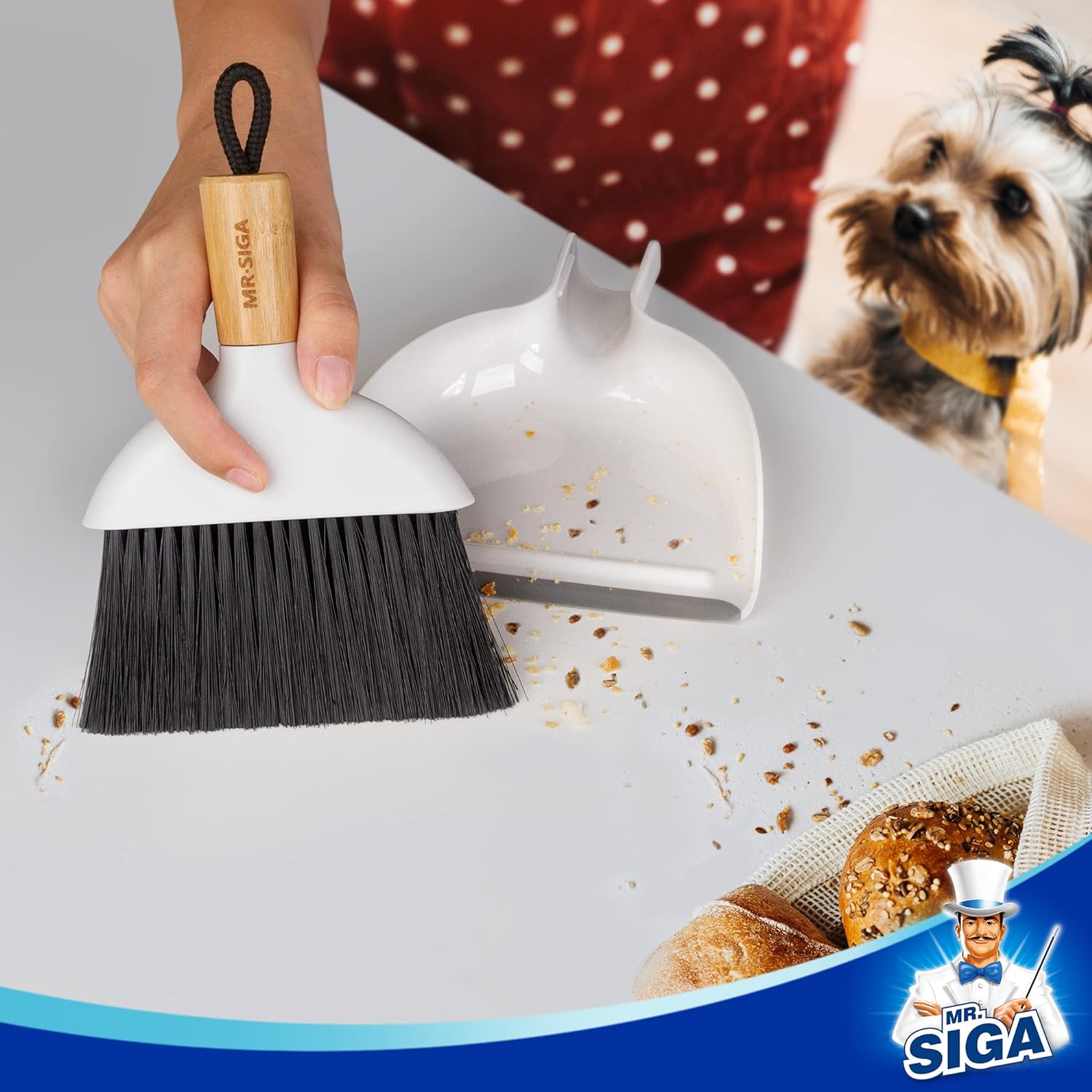 MR.SIGA Dustpan and Brush Set, Portable Cleaning Brush and Dustpan Combo with Bamboo Handle, 1 Set
