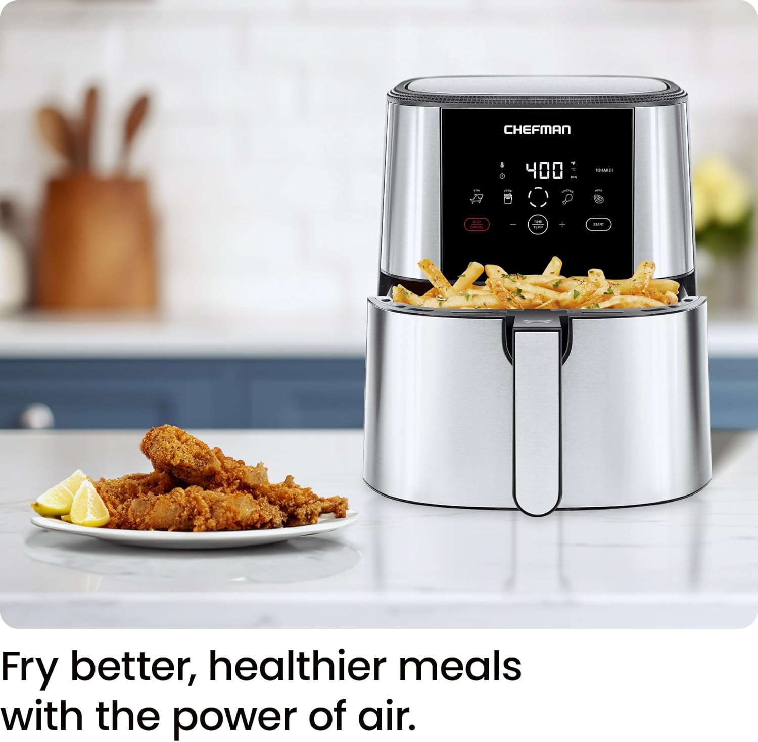 Chefman TurboFry® Touch Air Fryer, XL 8-Qt Family Size, One-Touch Digital Control Presets, French Fries, Chicken, Meat, Fish, Nonstick Dishwasher-Safe Parts, Automatic Shutoff, Stainless Steel
