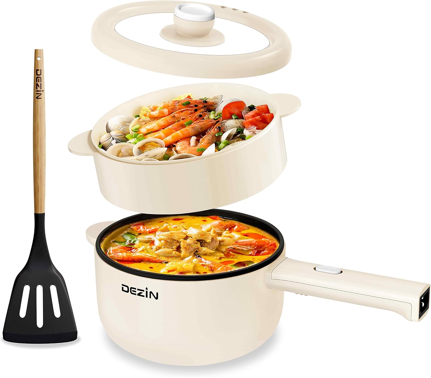 Dezin Electric Cooker, 2L Non-Stick Sauté Pan, Rapid Noodles Cooker, Mini Pot for Ramen with Power Adjustment, Dorm Room Essential (Egg Rack Included)