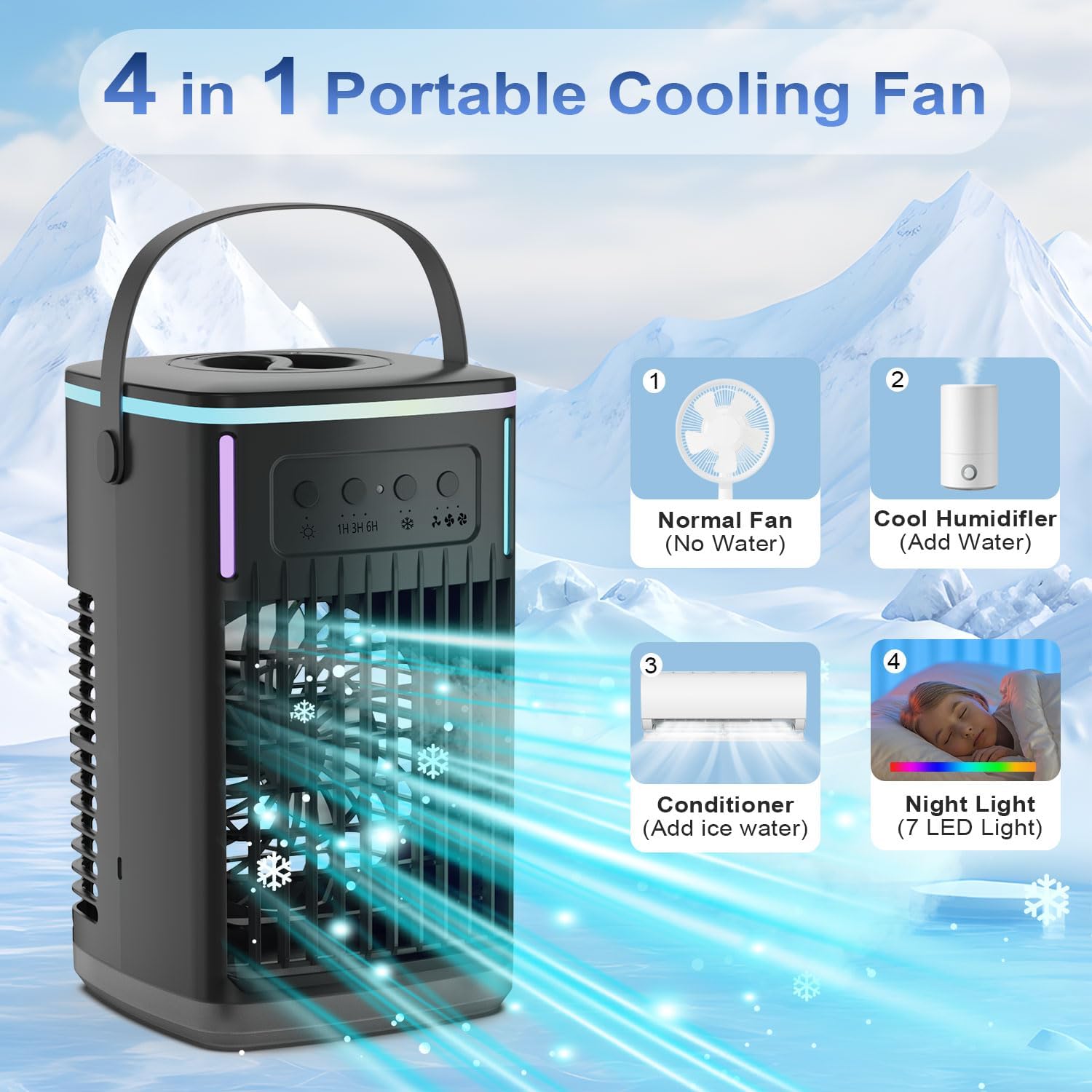Portable Air Conditioners with Remote, 1500ml Water Tank, 3 Wind Speeds, 4-in-1 Portable AC with 6H Timer, 2 Cool Mist, 7 Lights, Personal Mini Air Cooler Fan for Room Bedroom Office (White)