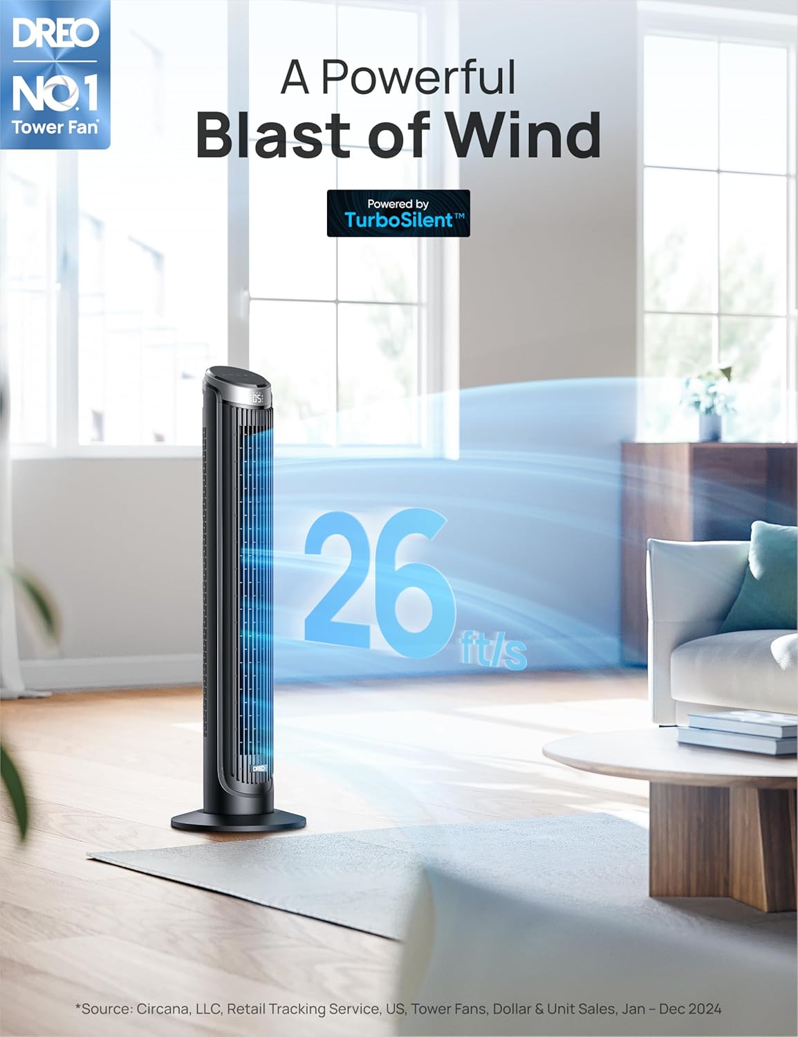Dreo Tower Fan for Bedroom, 90° Oscillating Fans that Blow Cold Air, 5 Speeds, 4 Modes with 26ft/s Velocity, 12H & 28dB Quiet Timer, Remote, Touch, 40