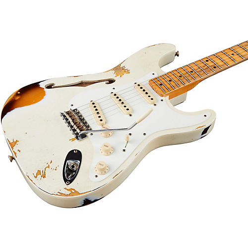Fender Custom Shop 1956 Heavy Relic Thinline Stratocaster Electric Guitar Aged Olympic White Over Choc 2-Tone Sunburst - musicians--Friend