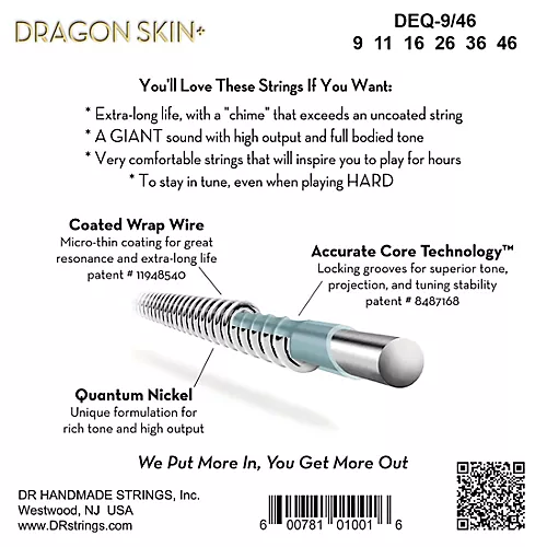 DR Strings Dragon Skin+ Coated Accurate Core Technology 6-String Nickel Electric Guitar Strings 10 - 52 - musicians--Friend