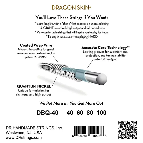 DR Strings Dragon Skin+ Coated Accurate Core Technology 4-String Quantum Nickel Bass Strings 45 - 100 - musicians--Friend