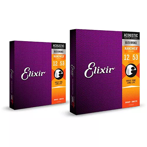Elixir 80/20 Bronze Acoustic Guitar Strings with NANOWEB Coating, Light (.012-.053) 2-Pack - musicians--Friend