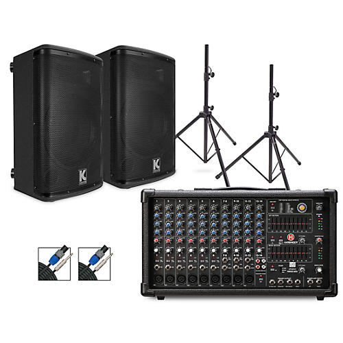 Harbinger LP9800 Powered Mixer Package With Kustom KPX10 Passive Speakers, Stands and Cables - musicians--Friend