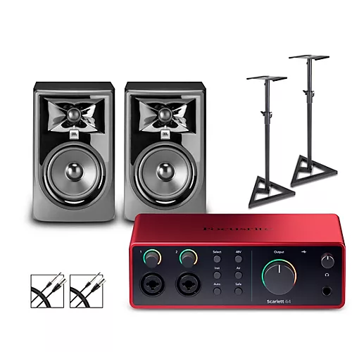 Focusrite Scarlett 4i4 Gen 4 With JBL 3 Series Studio Monitor Pair Bundle (Stands & Cables Included) 305MKII - musicians--Friend