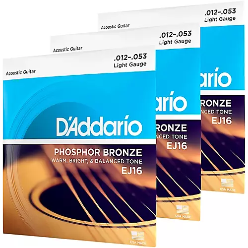 D'Addario EJ16-3D Phosphor Bronze Light Acoustic Guitar Strings 3-Pack - musicians--Friend