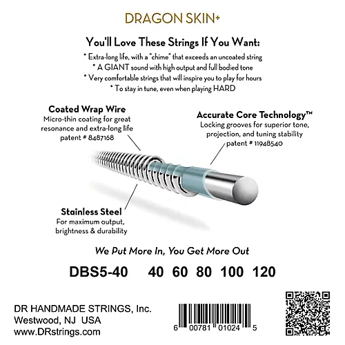 DR Strings Dragon Skin+ Coated Accurate Core Technology 5-String Stainless Steel Bass Strings 40 - 120 - musicians--Friend