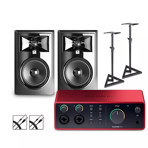 Focusrite Scarlett 4i4 Gen 4 With JBL 3 Series Studio Monitor Pair Bundle (Stands & Cables Included) 306MKII - musicians--Friend