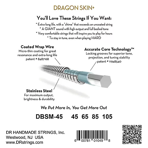 DR Strings Dragon Skin+ Coated Accurate Core Technology 4-String Multi-Scale Stainless Steel Bass Strings 45 - 105 - musicians--Friend