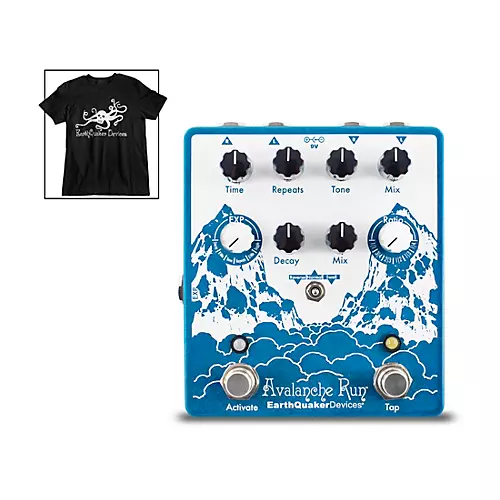EarthQuaker Devices Avalanche Run V2 Reverb/Delay Effects Pedal and Octoskull T-Shirt Large Black - musicians--Friend