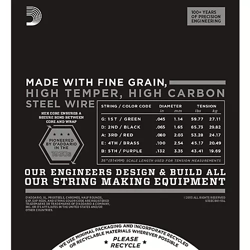 D'Addario ECB81-5SL Chromes Flat Wound 5-String Bass Soft SL Strings - musicians--Friend