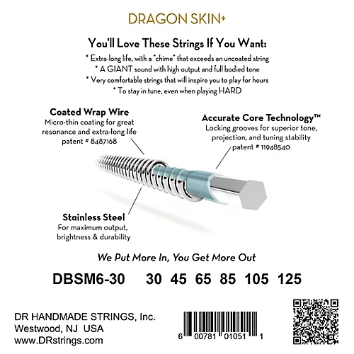 DR Strings Dragon Skin+ Coated Accurate Core Technology 6-String Multi-Scale Stainless Steel Bass Strings 30 - 125 - musicians--Friend