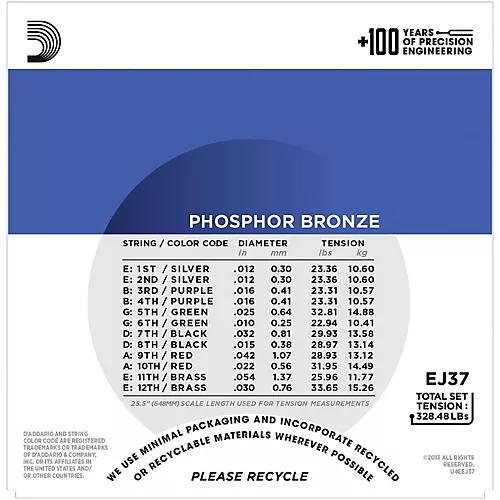 D'Addario EJ37 12-String Phosphor Bronze Acoustic Guitar Strings - Medium Top Heavy Bottom - musicians--Friend