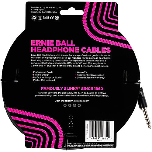 Ernie Ball Headphone Extension Cable 1/4 to 3.5 mm 20 ft. Black - musicians--Friend