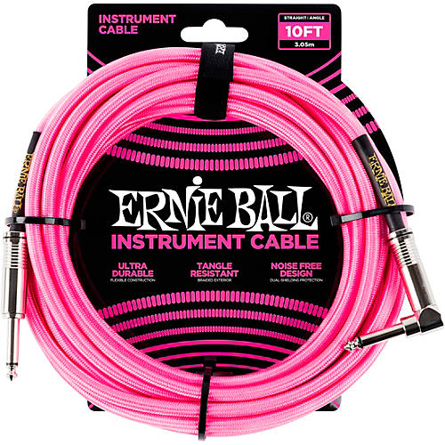 Ernie Ball 10' Straight to Angle Braided Instrument Cable Neon Pink - musicians--Friend