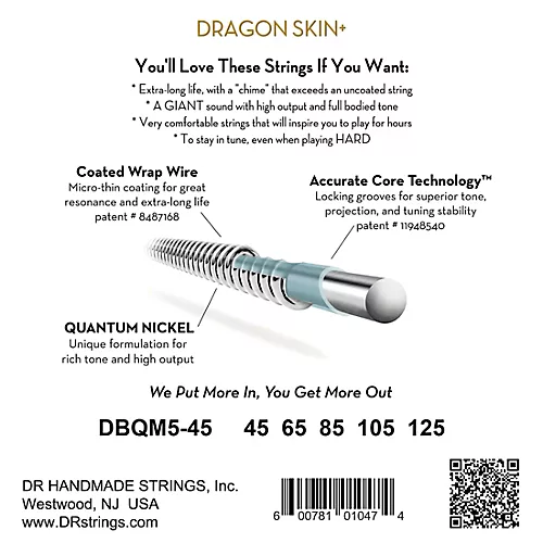 DR Strings Dragon Skin+ Coated Accurate Core Technology 5-String Multi-Scale Quantum Nickel Bass Strings 45 - 125 - musicians--Friend
